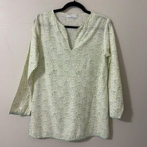 Pomegrante Womens Green & White Elephant Print Tunic Top Medium Coastal Grandma